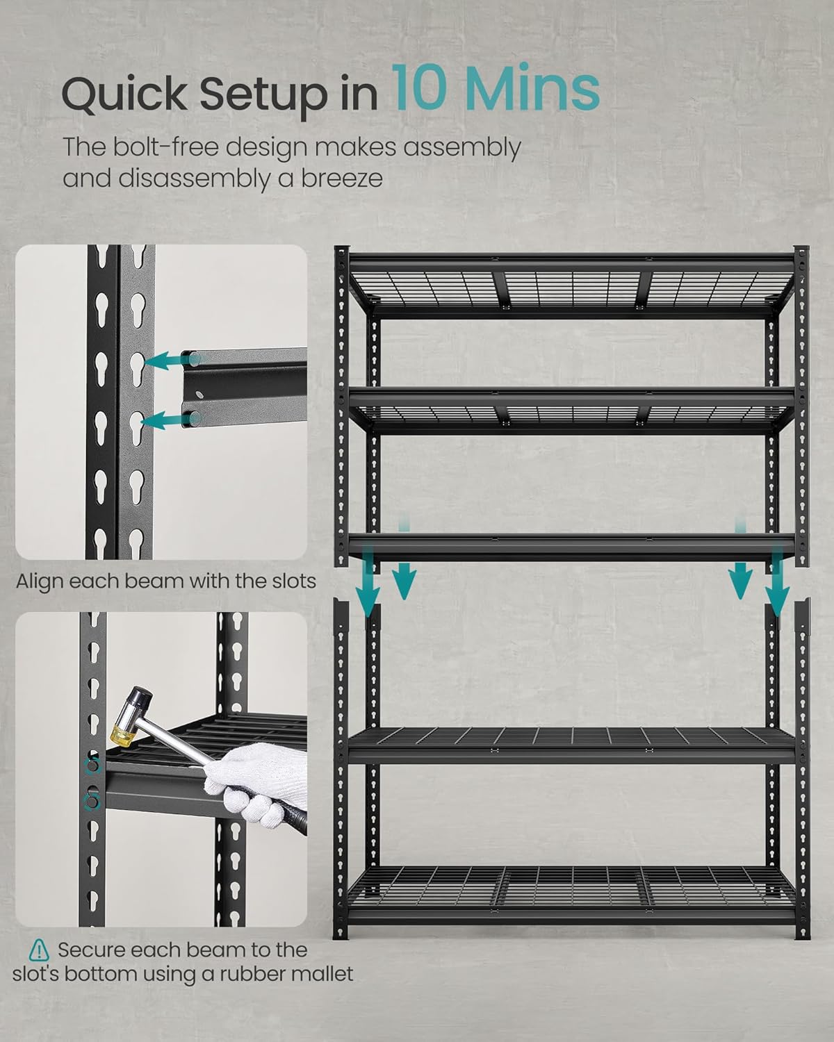 SONGMICS 5-Tier Storage Shelves, Heavy-Duty Garage Shelving, Adjustable Shelving Unit, Steel Shelf, Boltless Assembly, for Garage, 2,200 lb Load, 24 x 96 x 72 Inches, Ink Black UGLR454B02