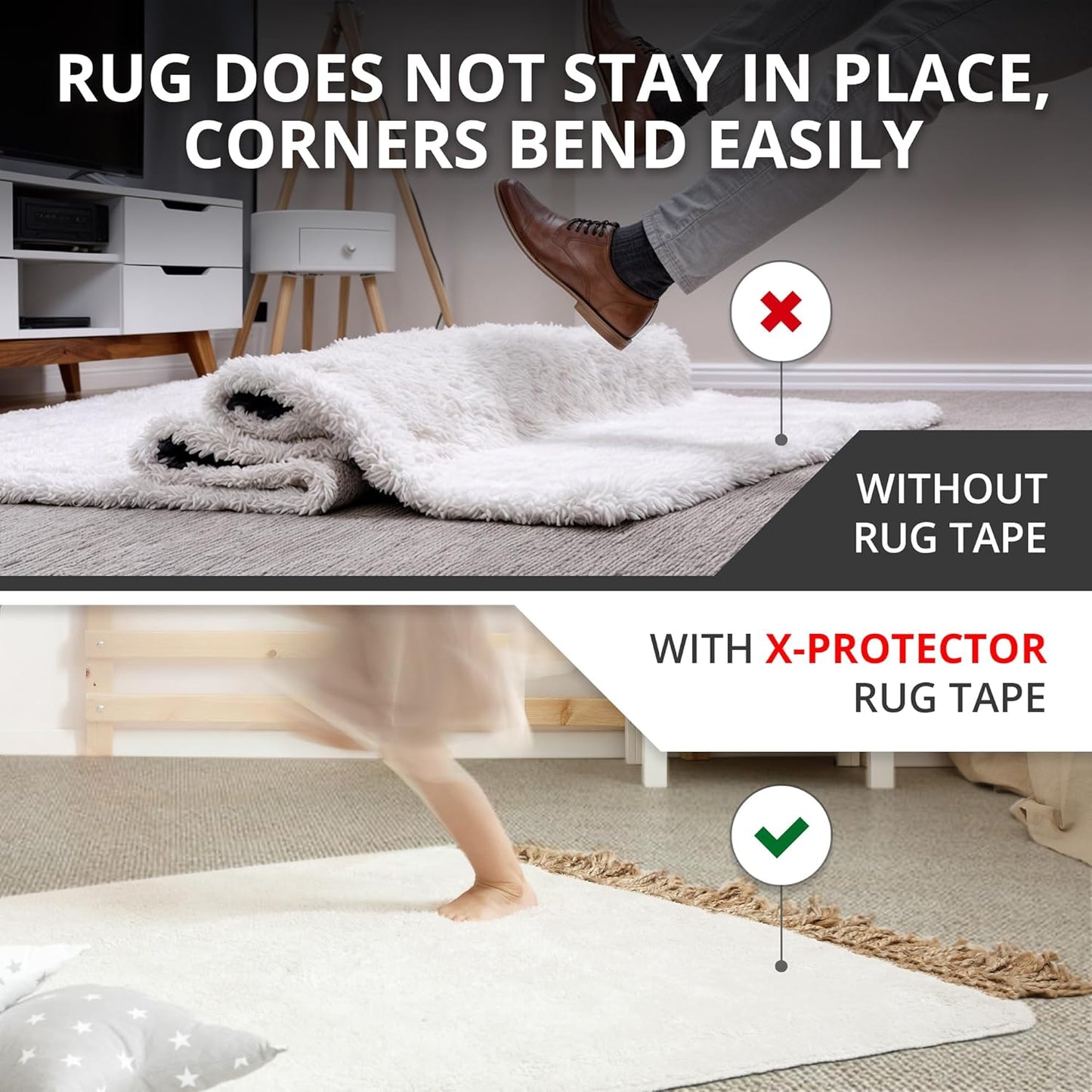 X-Protector Rug Tape for Carpet - 8 Pcs Set - White Anti-Slip & Anti-Curling Carpet Tape for Rugs - Premium Rug Pad Gripper - Ideal Carpet Corner Grippers to Keep Your Rugs & Make Corners Flat