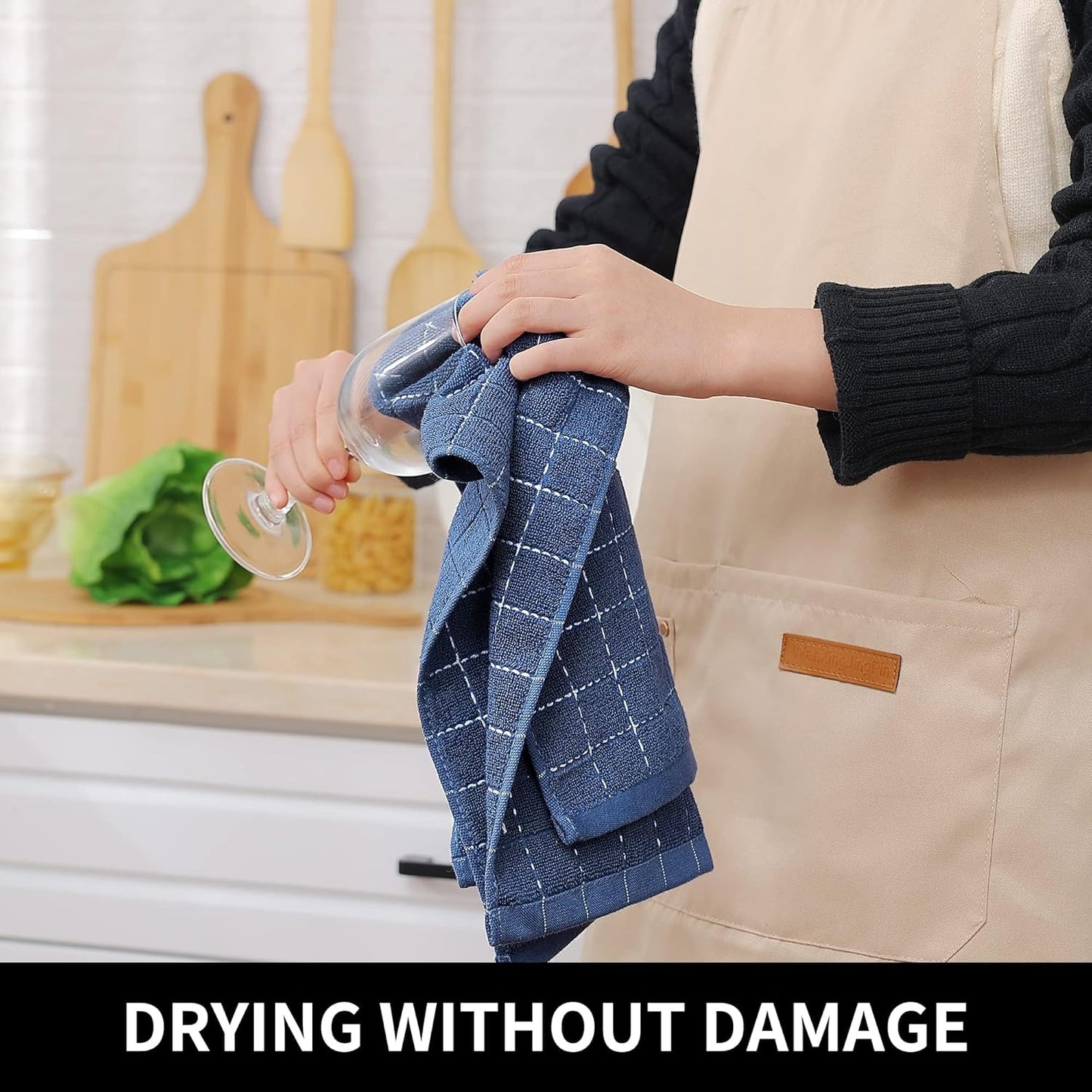 Homaxy 100% Cotton Terry Kitchen Towels(Navy Blue, 13 x 28 inches), Checkered Designed, Soft and Super Absorbent Dish Towels, 6 Pack