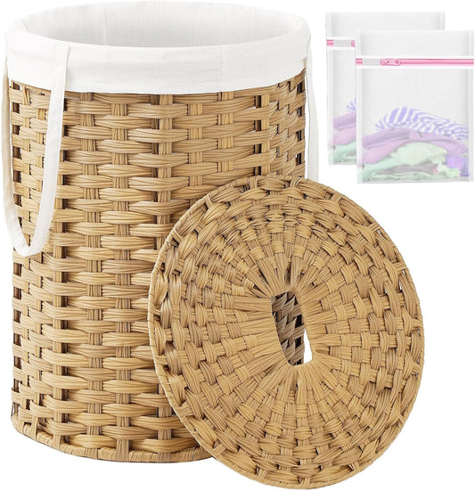 Laundry Hamper with Lid Laundry Basket with Lid 19.0 Gal (72 L) Round Wicker Laundry Basket Handwoven Rattan Hamper Removable Bag 2 Mesh Bags Handles for Living Room Bathroom Natural