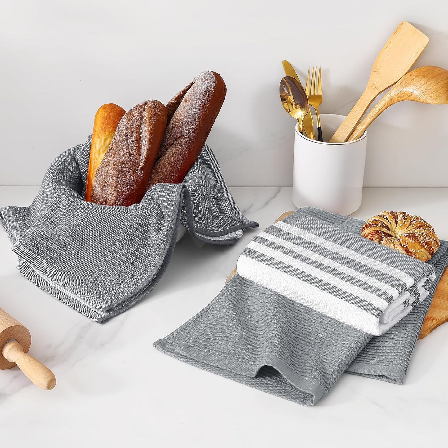 Homaxy Premium Kitchen Towels(18”x 28”, 9 Pack), Large Cotton 380 GSM Kitchen Hand Towels, Soft and Absorbent Terry Dish Towels, Multipurpose Tea Towel Set with Hanging Loop, Grey