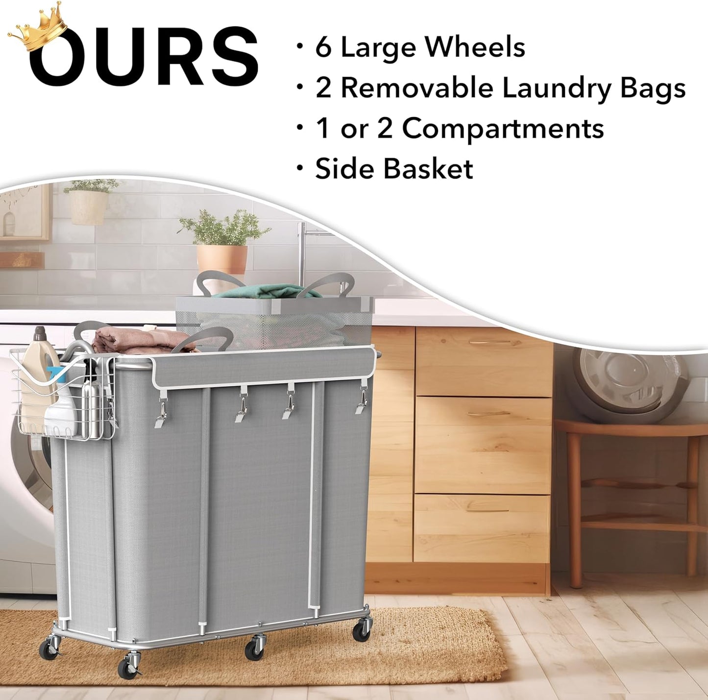 Simple Houseware Extra Large Rolling Laundry Cart – Heavy Duty Hamper with 2 Removable Bags & 6 Smooth Wheels – Commercial Laundry Organizer for Home, Hotel, Dorm, Gym, Gray
