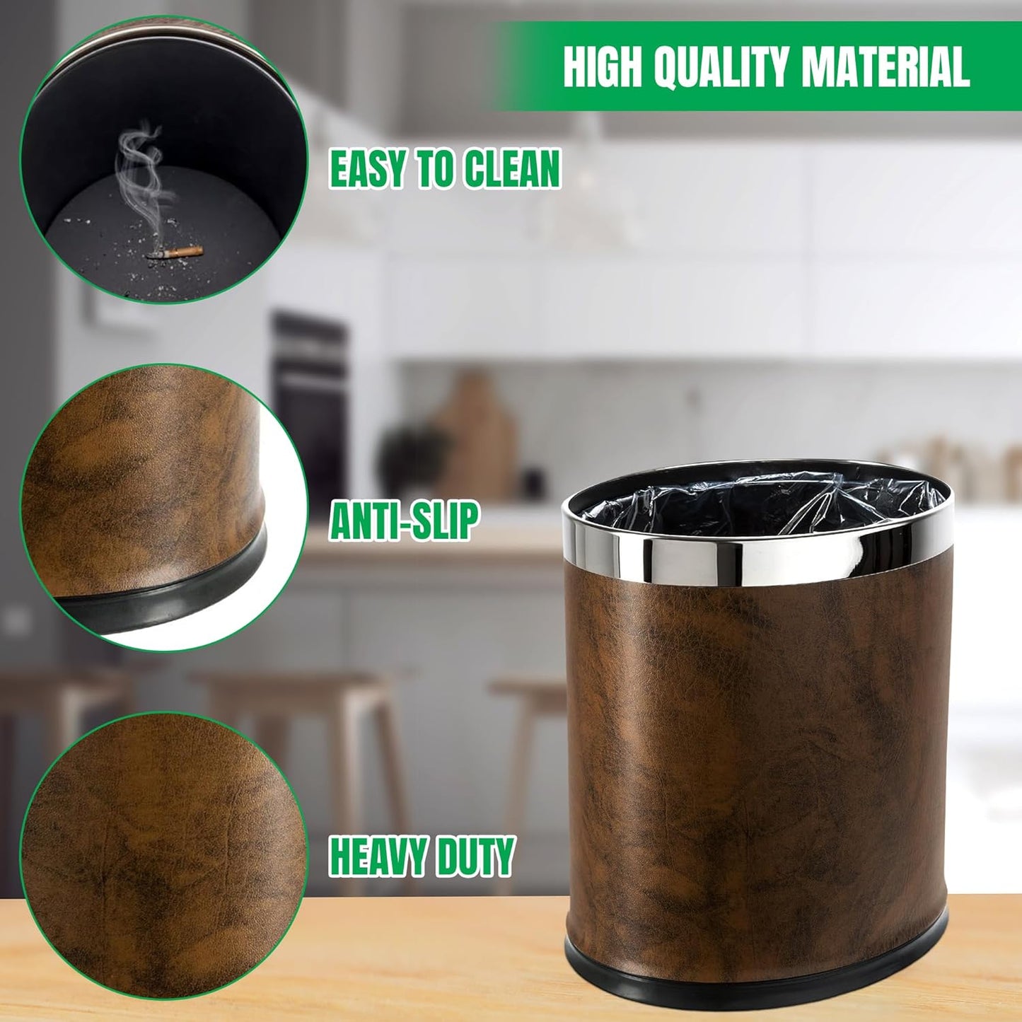 'Invisi-Overlap' Open Top Leatherette Trash Can, Small Office Wastebasket, Modern Home Décor, Oval Shape (Brown)