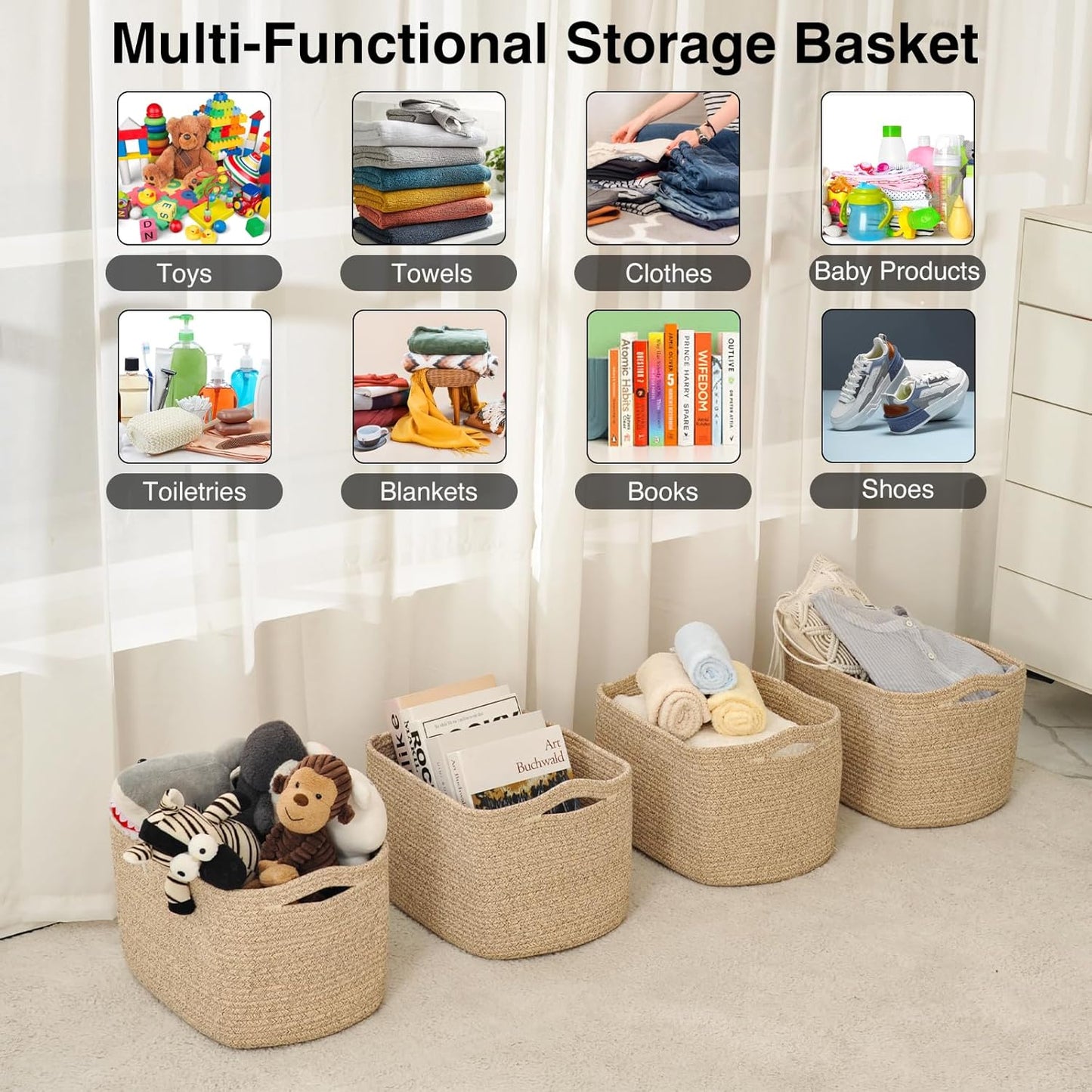 Storage Baskets for Organizing & Shelves, Woven Cotton Rope Organization Bins for Dog Toys, Clothes, Books, Nursery Organizer, 15" Lx11''Wx9.5''H, (4 Packs) Brown