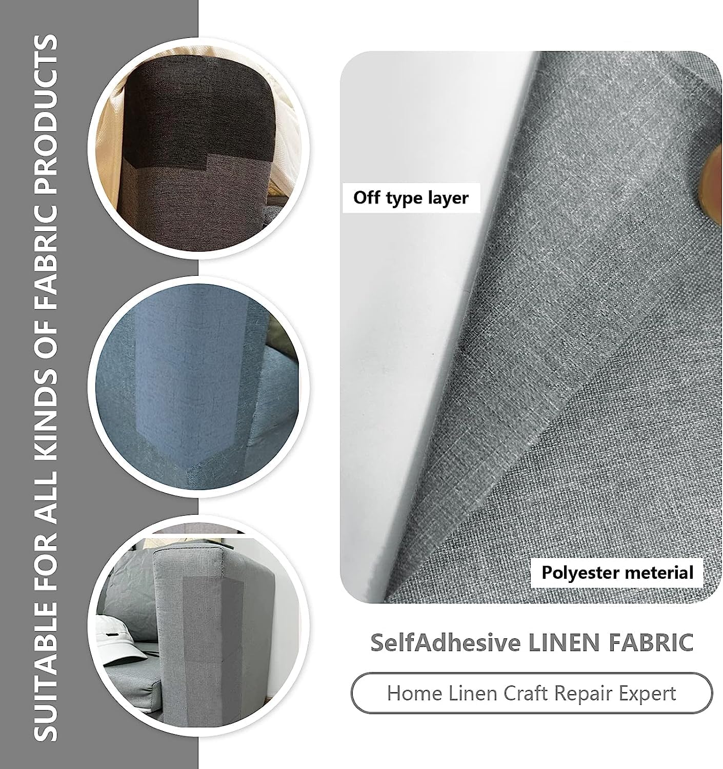 Fabric Repair Patches, Linen Repair Tape Self-Adhesive Fabric Patches Durable, DIY Large Linen Tape for Sofa, Couches, Furniture, Chair, Clothing （3.5X79 Inch, Grey）