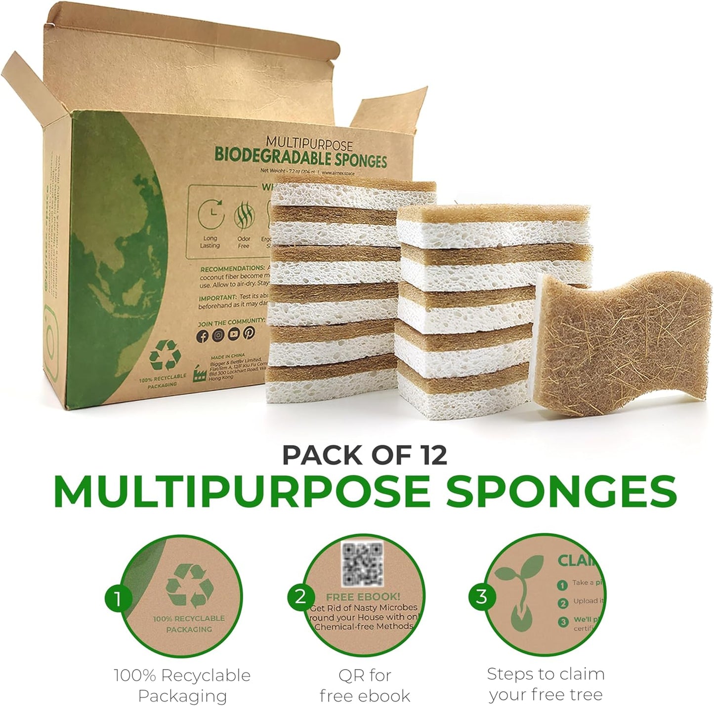 Biodegradable Natural Kitchen Sponge - Compostable Cellulose and Coconut Walnut Scrubber Sponge (12 Pack)