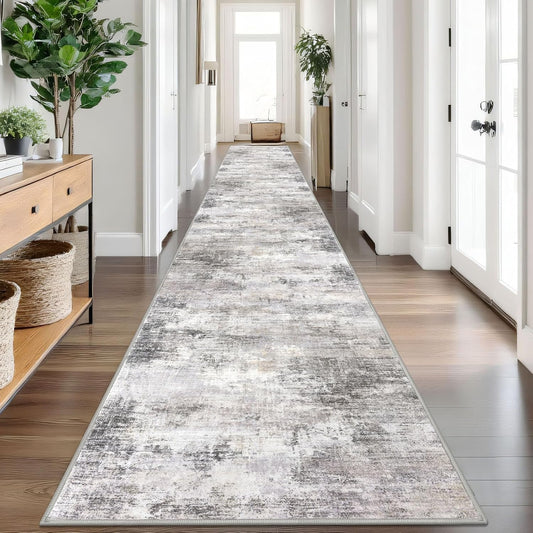 IOHOUZE Abstract Runner Rug 3x20 Ft Extra Long Washable Runners for Hallways, Non Slip Kitchen Runner Printed Faux Wool Entryway Runner Indoor, Modern Abstract Floor Carpet for Hall Stair, Grey Beige