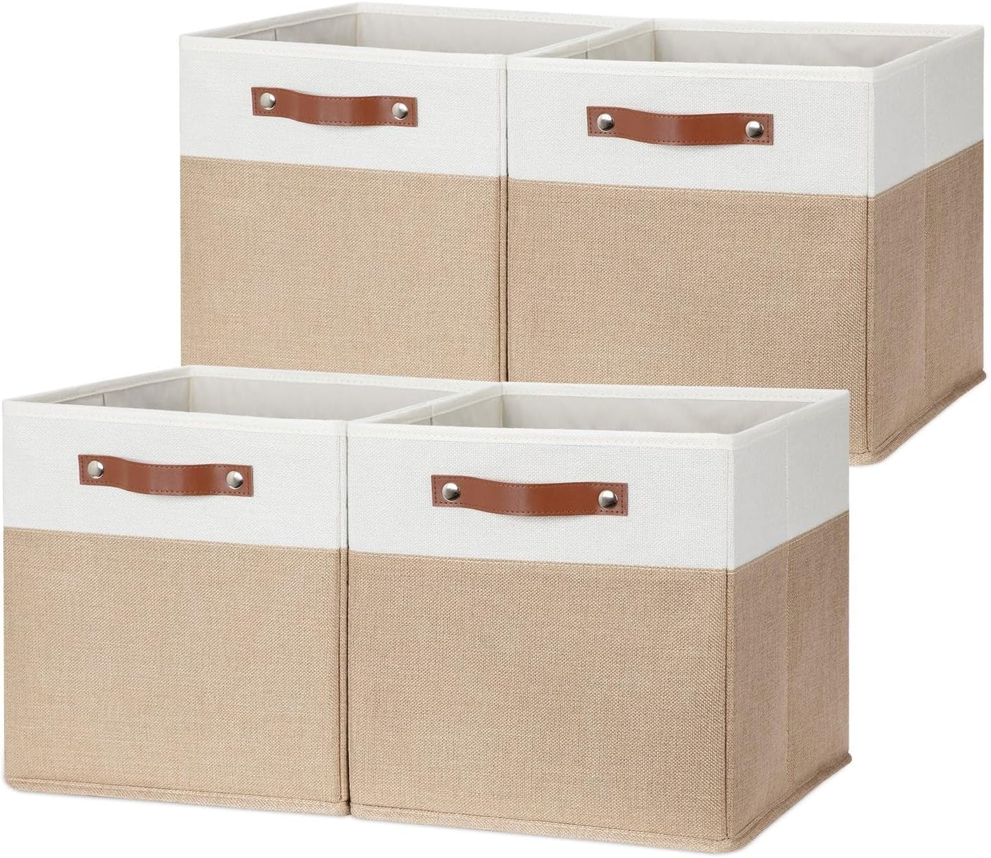 HNZIGE Fabric Storage Cubes, Cube Storage Bins 12 x 12, Set of 4, Decorative Storage Baskets for Shelves with Handles,Foldable Bins for Cube Shelf Organizer Home Toy Nursery Closet(Beige White)