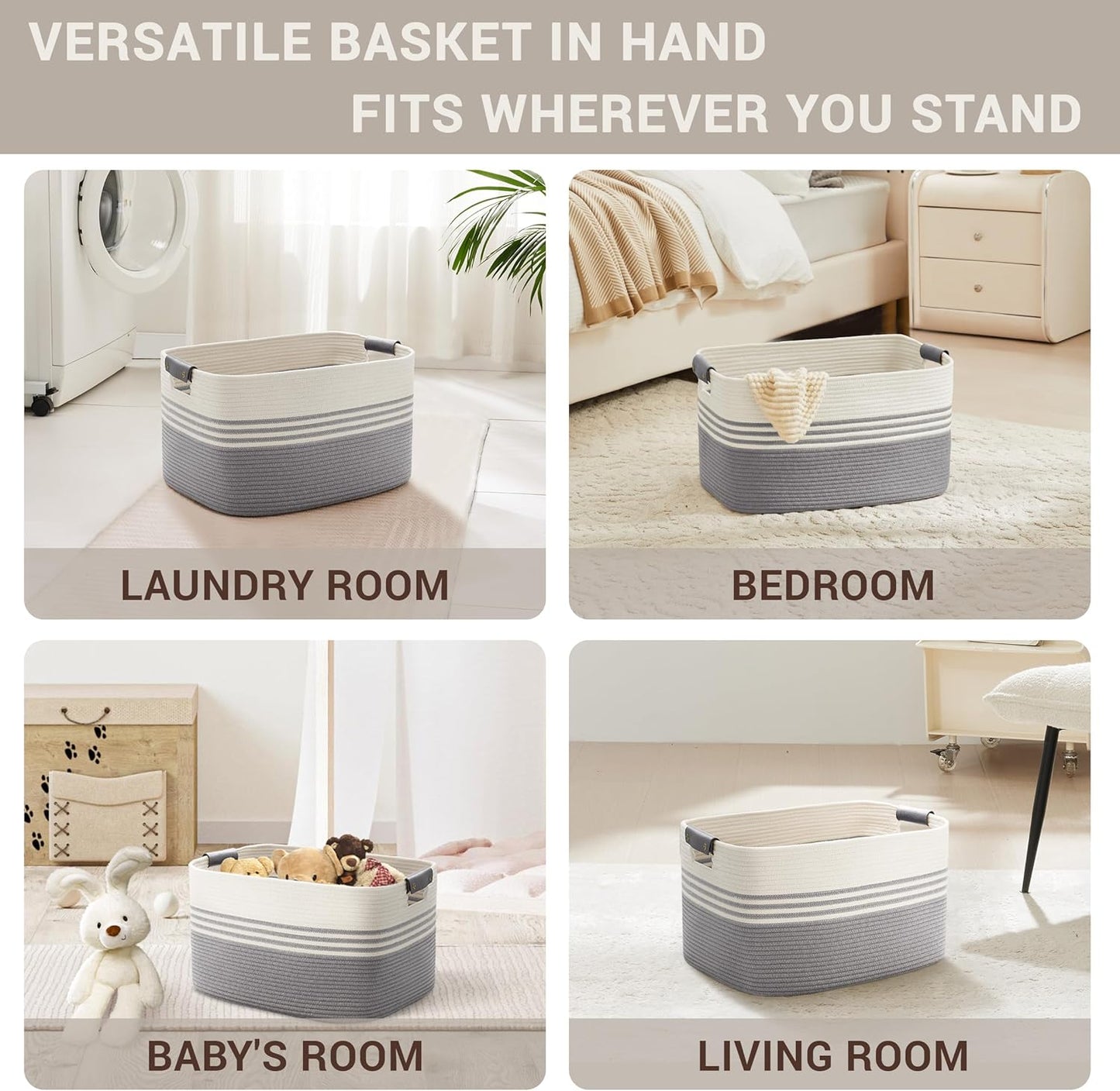 45L Small Laundry Basket with Leather Handles for Living Room Storage, Woven Rope Baskets Bin for Blanket, Kids Toy, Gifts, Wicker Hamper for Bedroom Dirty Clothes, 18"x14"x11" White Grey