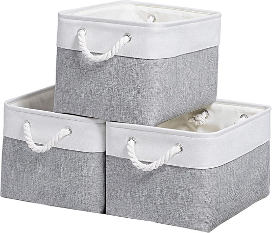 15x11x9.5 Inch Storage Baskets for Shelves,3 Pack Storage Bins，Foldable Organizer Boxes, Decorative Storage Basket for Organizing Clothes, Toys, Books, Foldable Cloth Baskets (White&Gray)