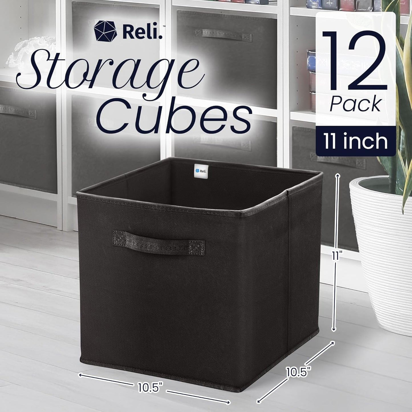Reli. 11 Inch Cube Storage Bins (12 Pack) | Cube Organizer Bins | 11x11 Fabric Storage Boxes | Collapsible, Foldable Fabric Cubby Box (Square) | Bedroom, Office, Home Organization