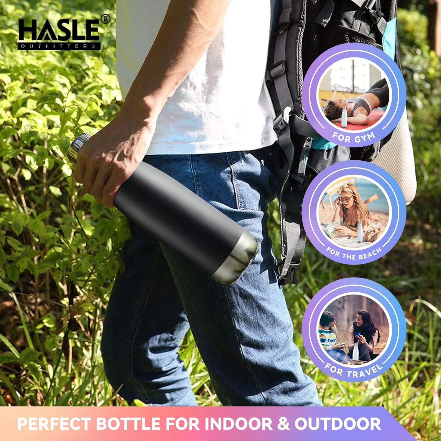 HASLE OUTFITTERS 17oz Stainless Steel Water Bottles Bulk, Vacuum Insulated Double Walled Reusable Metal Sports Water Bottles Keep Drinks Hot and Cold, Black, 8Packs