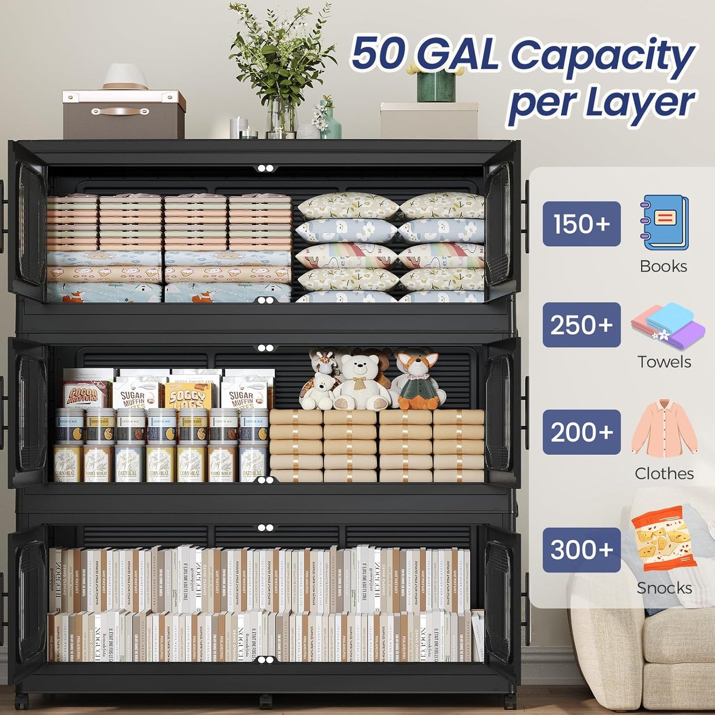 150GAL Extra Large Storage Bins with Lid, 600QT Storage Bins with Wheels, Folding Closet Organizer, Stackable Collapsible Plastic Storage Containers for Home, Office, Dorm, 3Pack Black