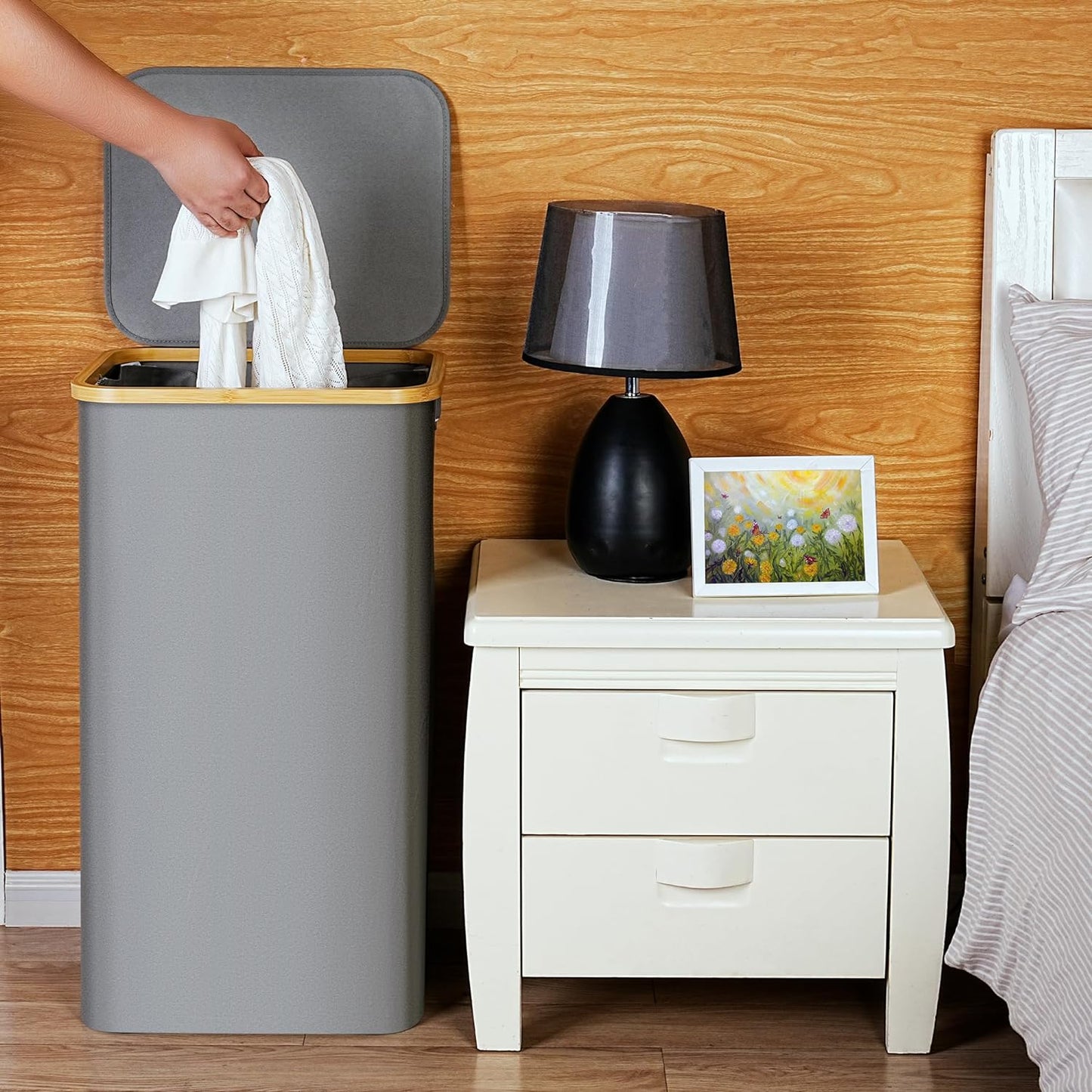 efluky Laundry Basket with Lid and Removable Bag, 100L Tall Laundry Hamper with Bamboo Handles, Aesthetic Dirty Clothes Bin for Laundry Room, Bathroom, Bedroom and Dorm, Silver Grey