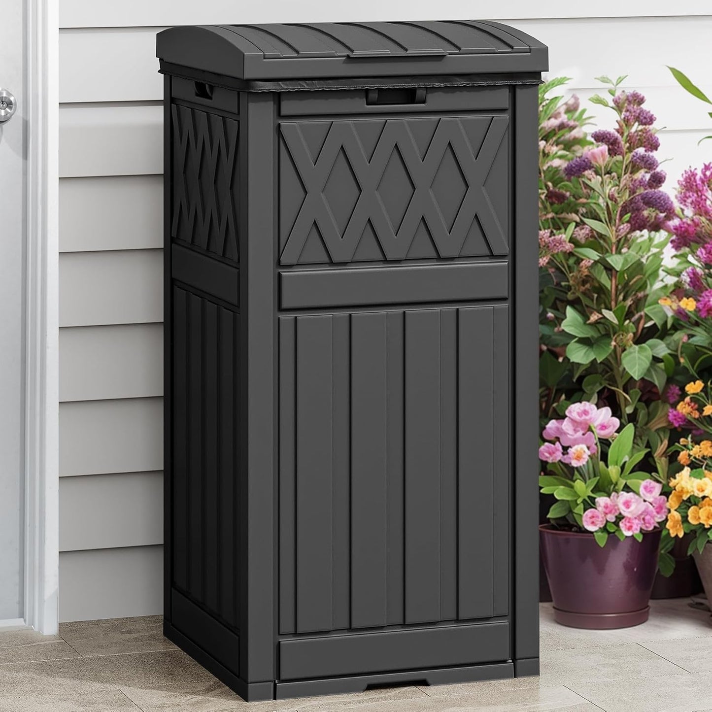DWVO 36-Gallon Outdoor Trash Can with Fabric Bag, Tiered Lid & Drip Tray, Waterproof Resin Garbage Bin for Patio, Deck, and Backyard, Black