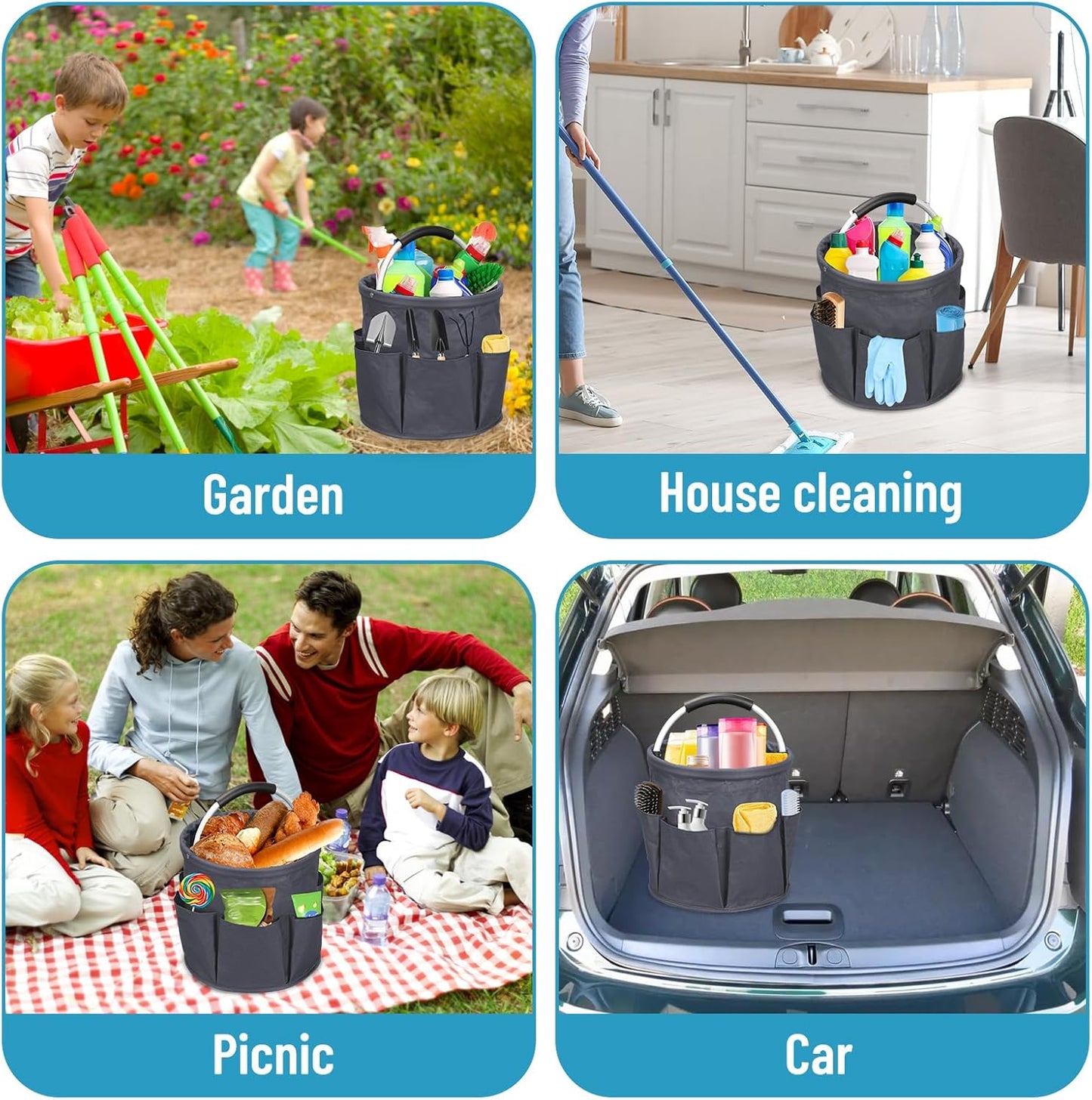 Qivine 17L Cleaning Caddy with Handle, Cleaning Supply Caddy Foldable Tool Bag Cleaning Products Organizers Portable Cleaning Bucket Organiser for Storing Towels (Dark Gray)