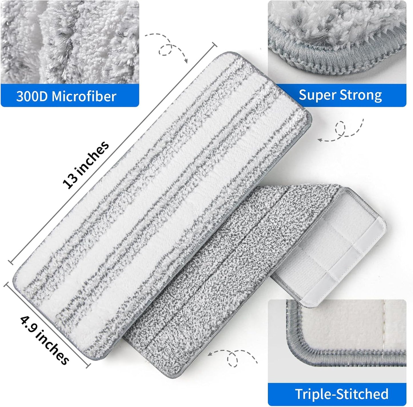 Oshang Flat Mop Head Refill, 13" X 4.9" Flat Mop Pads, Microfiber Mop Pads Flat Mop Replacement Heads (White and Grey)