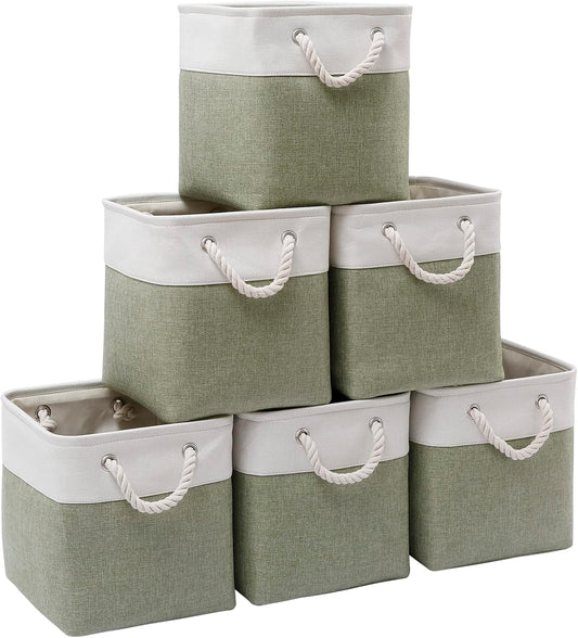 Cube Storage Bins, Collapsible Fabric Storage Cubes Bins, 11 Inch Cube Storage Bins with Handles, Foldable Storage Cubes (White/Green, 6Pack)