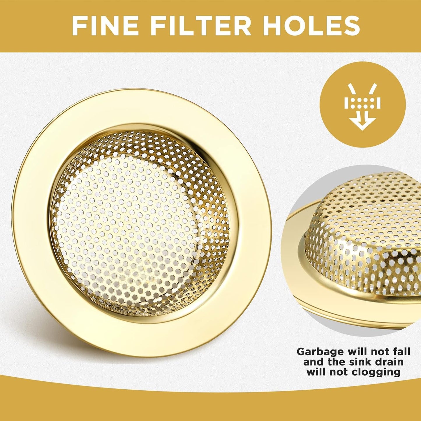 Retisee 2 Pcs Sink Strainer Stainless Steel Kitchen Sink Drain Strainer Basket Cover Mesh Hair Food Catcher, Large Wide Rim of 4.4 Diameter(Gold)