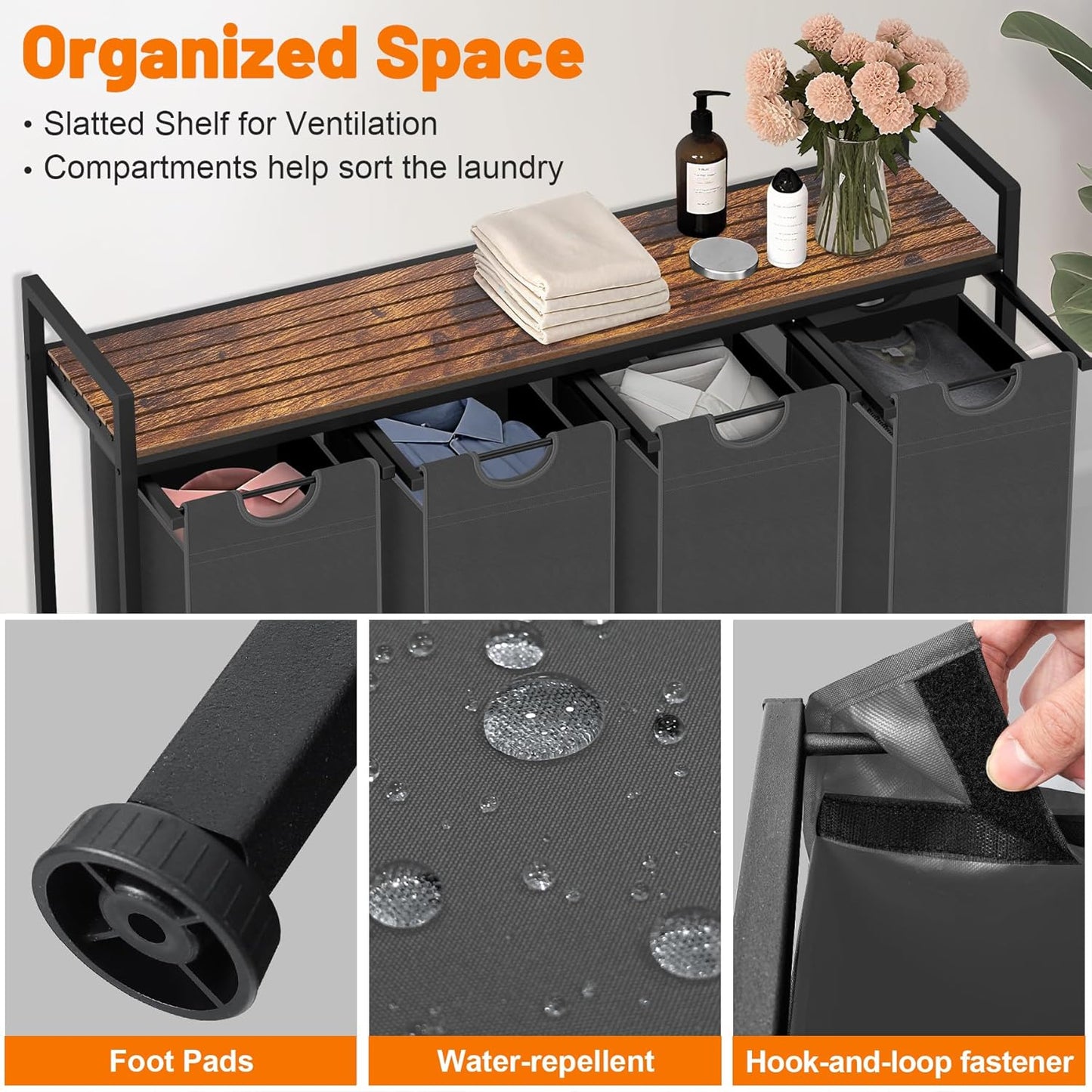 Laundry Hamper, Laundry Sorter with 4 Pull-Out Removable Oxford Fabric Bags Cloth Laundry Basket 4 x 10 Gallons (Grey and Rustic Brown)