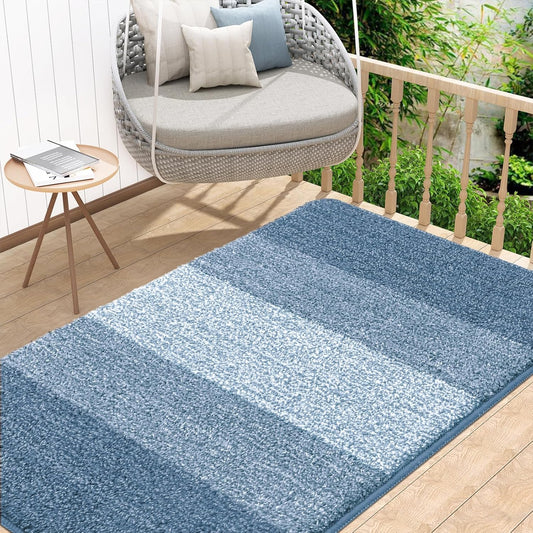 Kitinjoy Indoor Outdoor Door Mat, 48x32 Non-Slip Absorbent Dirt Trapper, Low-Profile Washable Inside Entrance Front Floor Mat, Sturdy Soft Entry Doormats for Entryway, Light Blue