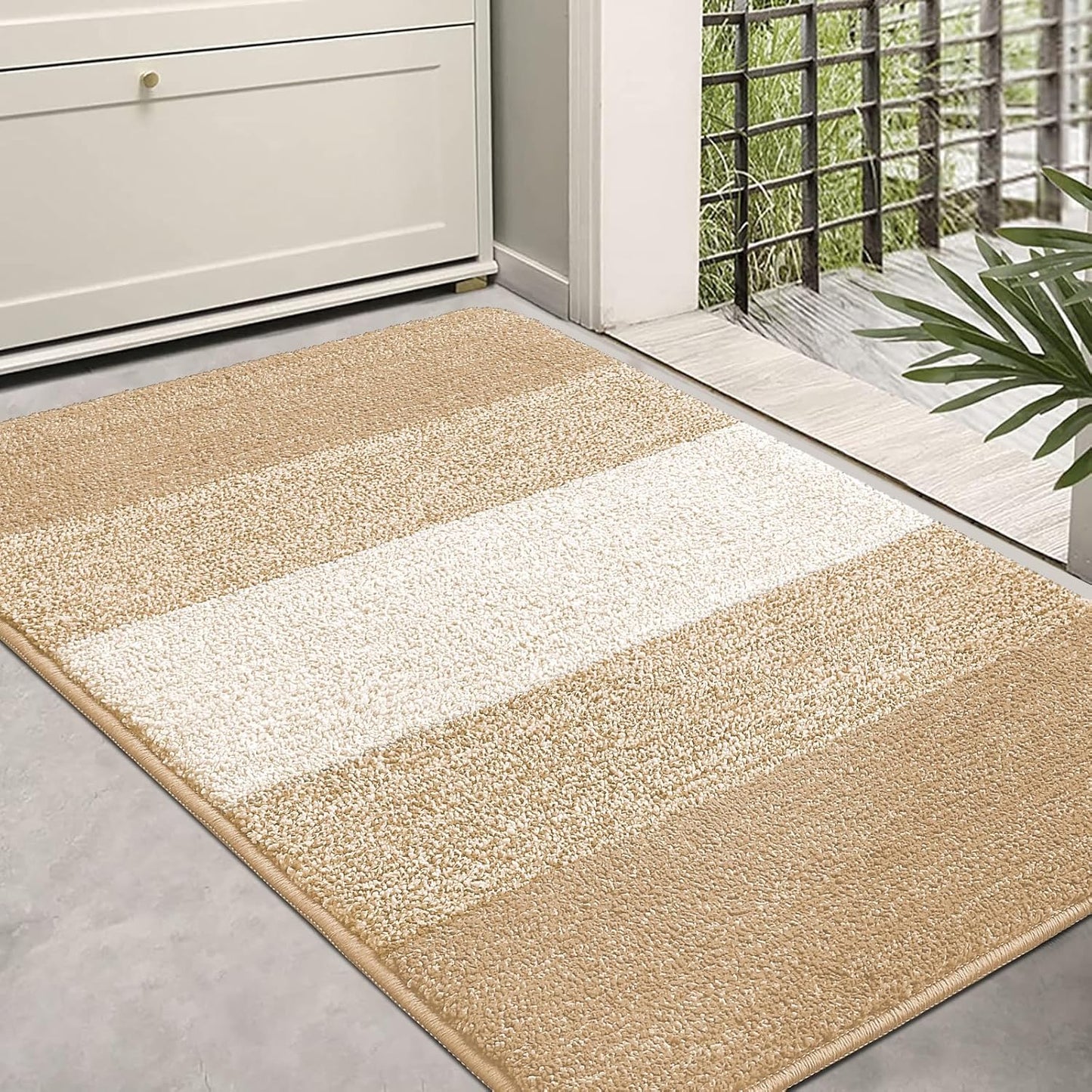 Kitinjoy Indoor Outdoor Door Mat, 36x24 Non-Slip Absorbent Dirt Trapper, Low-Profile Washable Inside Entrance Front Floor Mat, Sturdy Soft Entry Doormats for Entryway, Beige