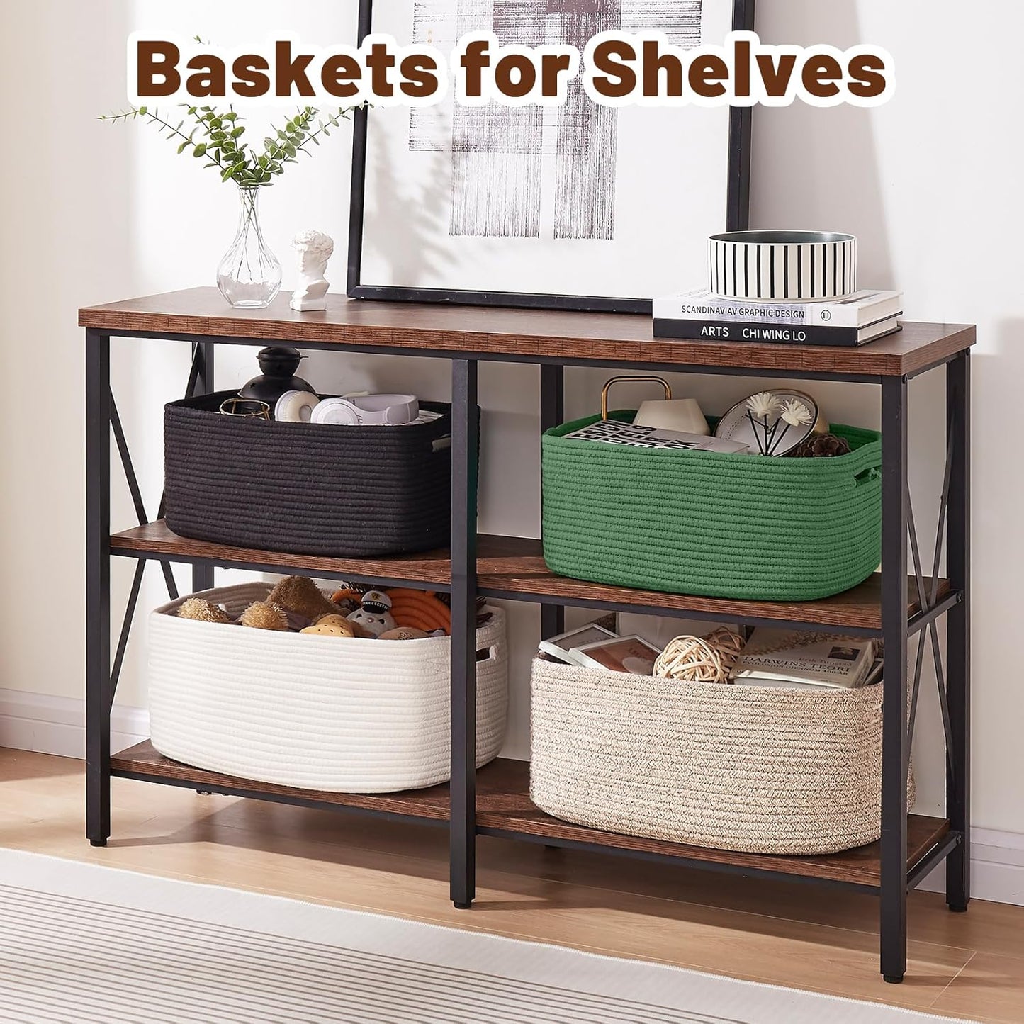 OIAHOMY Storage Basket for Shelves, Closet Cube Storage Bins Baskets for Clothes Blanket Towels, Baby Nursery, Toy Baskets Box, Woven Rope Basket, 17.72*12.99*7.87 IN, 2 Packs White