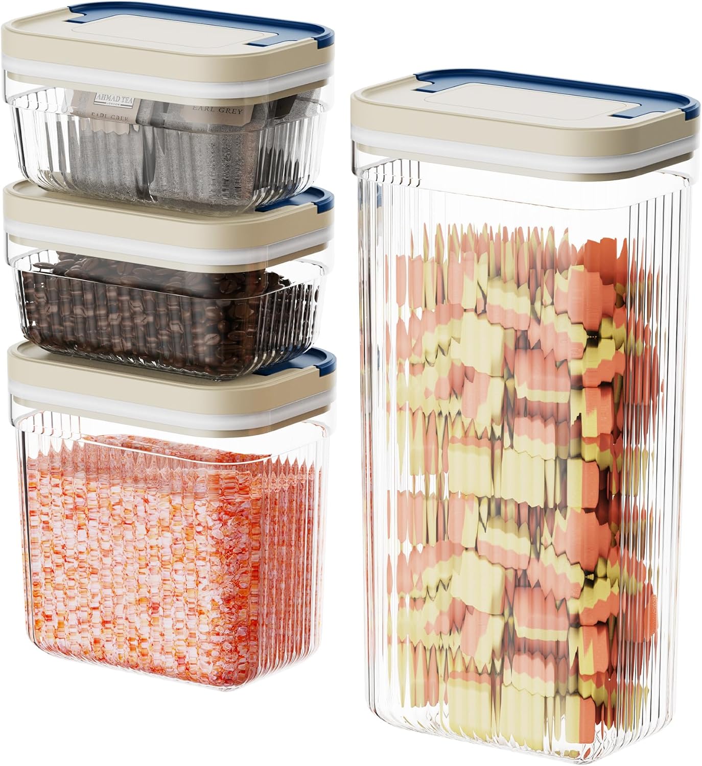 Flip-Lock Airtight Food Storage Containers 4-PC (0.6 Qt*2+1.6 Qt+3.4 Qt), Leakproof Ring Seal Top, Anti-Slip Plastic Pantry Canister for Flour Sugar,Cereal,Coffee,Dog Treat, White