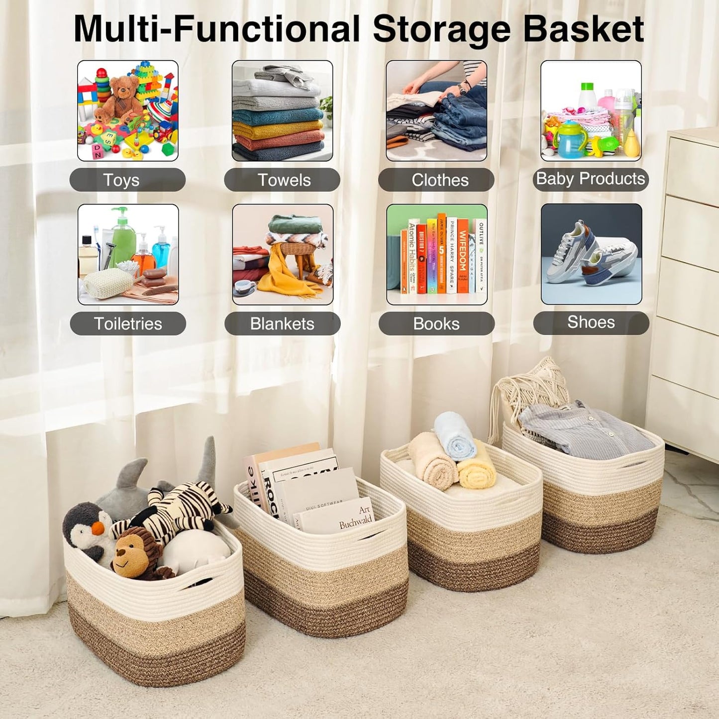 Storage Baskets for Organizing & Shelves, Woven Cotton Rope Organization Bins for Dog Toys, Clothes, Books, Nursery Organizer, 15"Lx11"Wx9.5"H, (4 Packs) Gradient Brown