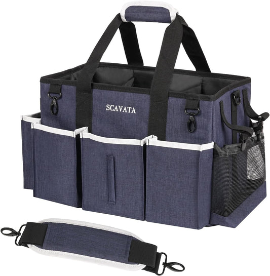 Wearable Caddy Bag, Cleaning Supplies Organizer With Handle & Shoulder Straps for Housekeepers, Under Sink & Car Tool Organizers With 4 Foldable Divider (NavyBlue)