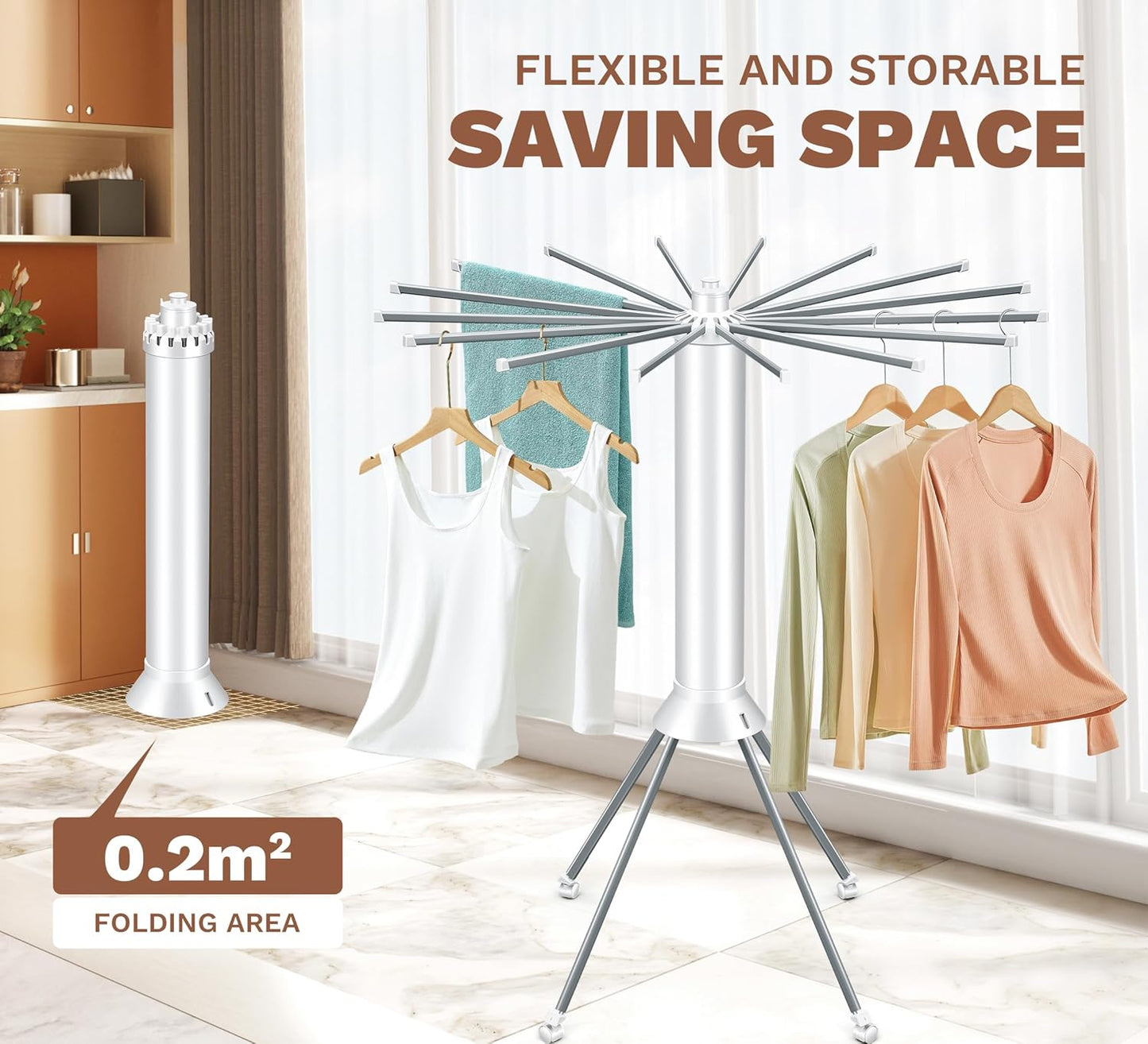 4-Legged Foldable Clothes Drying Rack with Wheels, Heavy-Duty Laundry Rack for Indoor Outdoor Use, Space-Saving Portable Design & Pulley System