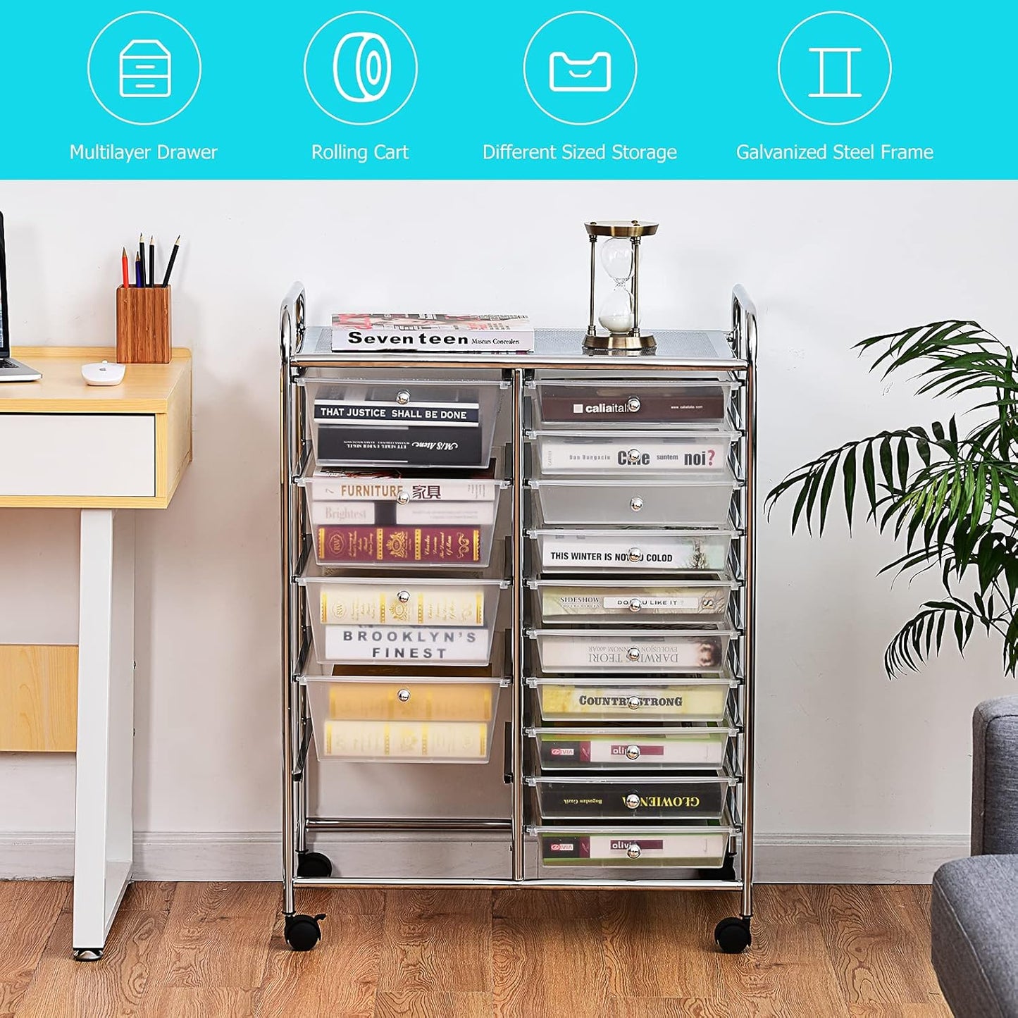 GOFLAME 15-Drawer Rolling Storage Cart, Multipurpose Movable Organizer, Utility Cart for Home, Office, School, Clear