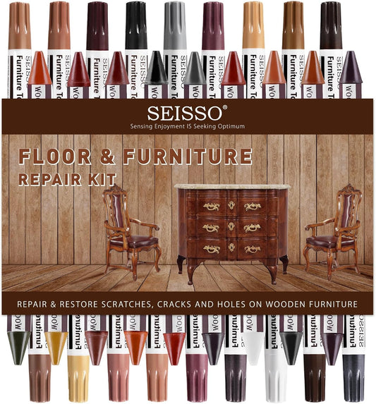 SEISSO 18 Colors Wood Wax Sticks ＆ Wood Markers Furniture Repair Kit - Set of 39 - Wood Floor Scratch Repair, Furniture Markers Touch Up Restore Wood Floors, Tables, Holes, Laminate, Carpenters