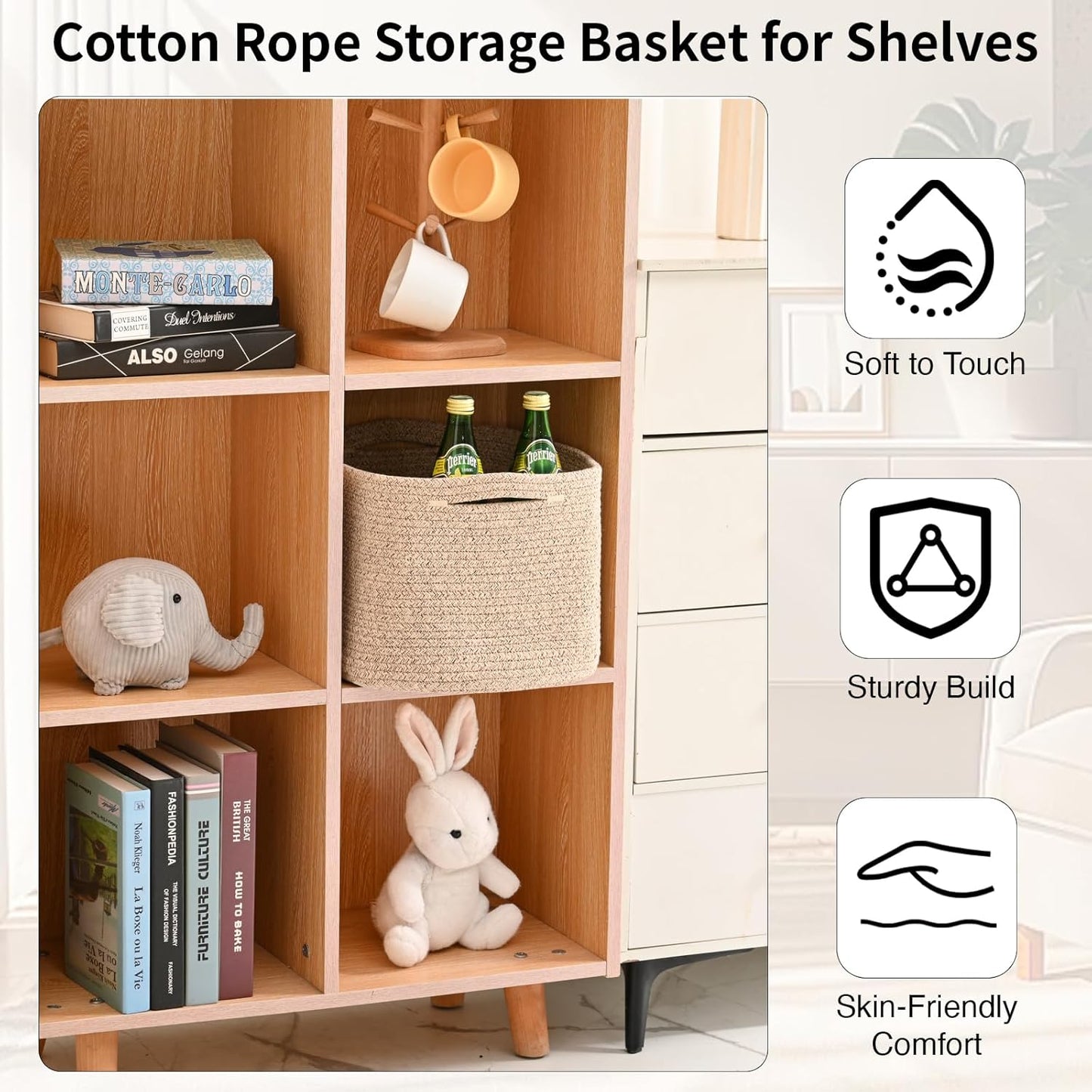Woven Cotton Rope Storage Basket for Organizing, Cute Decorative Baskets for Gifts Empty, Organizer Bins for Dog Toy, Baby Laundry, 17“×13”×9.5“, Brown