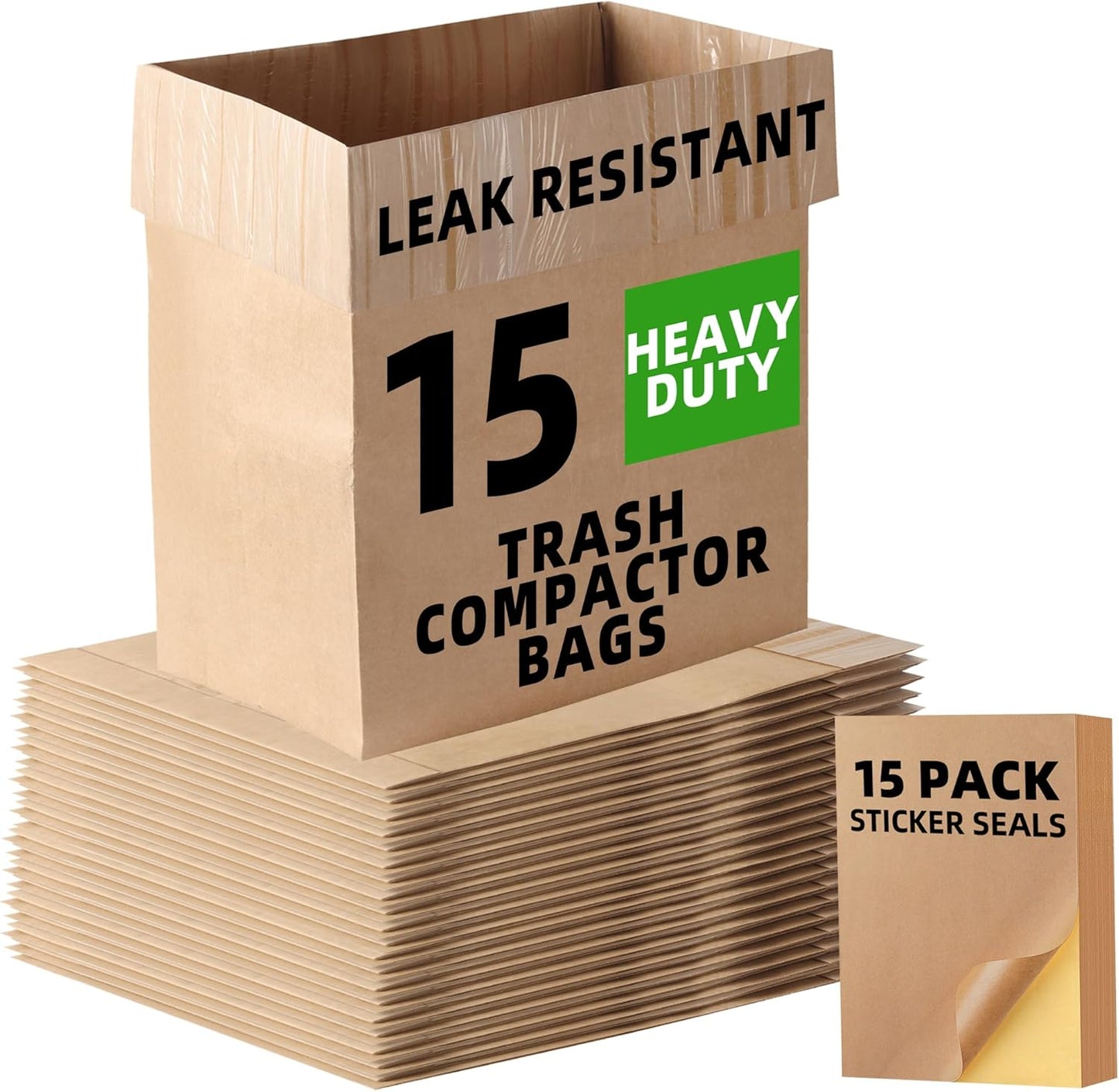 (15-Pack) Calvana Super Strong Compactor Bags, Heavy-Duty Kitchen Paper Trash Bags with Leak Proof Plastic Liner, Fits GE Model Compactors with Rectangular Containers, Includes 15 Sticker Seals