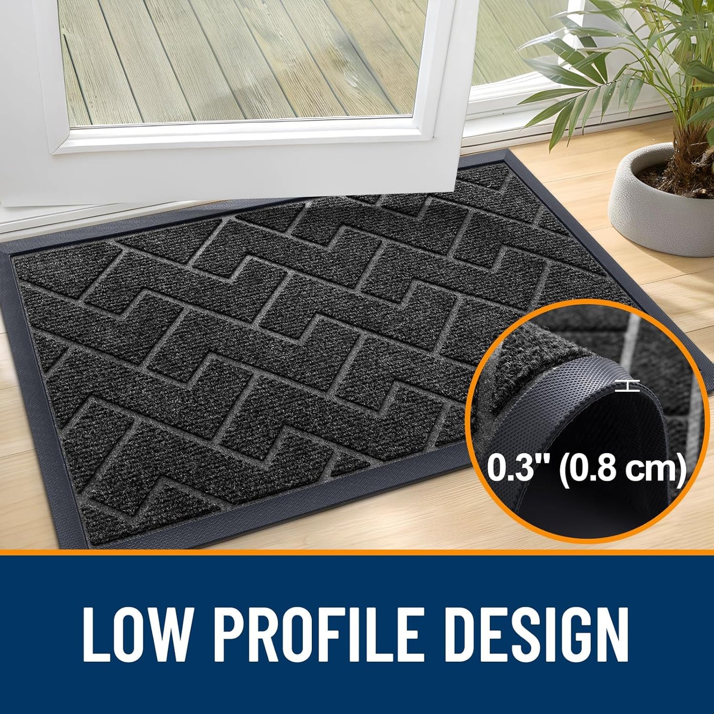 OLANLY Front Door Mat Indoor Outdoor Entrance, Waterproof All-Season, All-Weather Doormat, Sturdy Natural Rubber, Low Profile, Easy Clean Patio Porch Entryway Mat, Herringbone Brick (Black, 29.5x17)