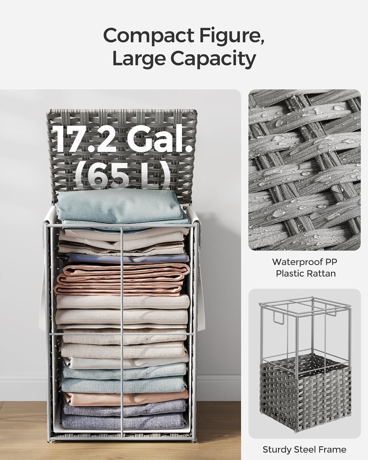 SONGMICS Laundry Hamper with Lid, 17.2 Gallon (65 L) Synthetic Rattan Clothes Laundry Basket with Lid and Handles, Foldable, Removable Liner, Dove Gray ULCB165G01