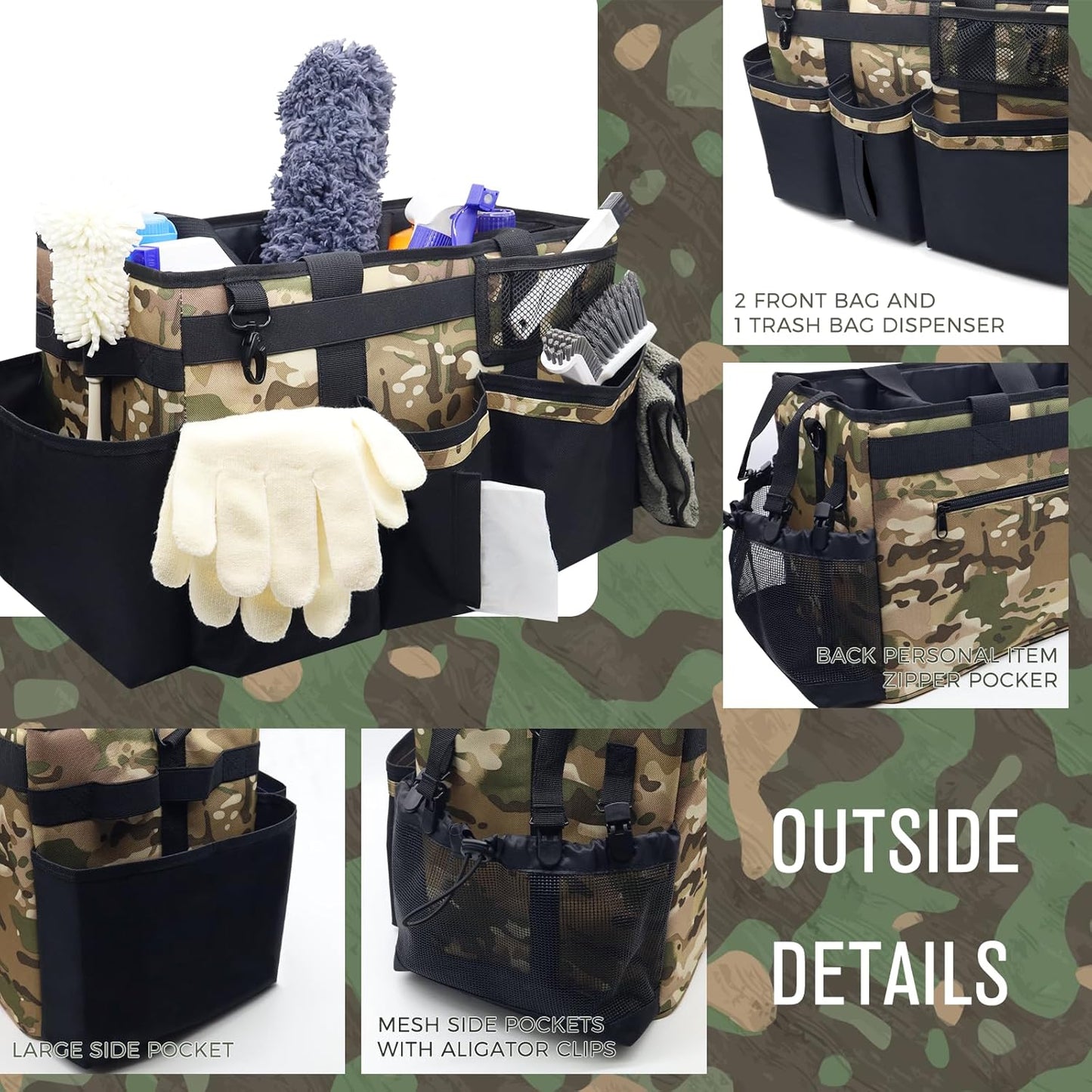 Wearable Cleaning Caddy Organizer with Handle & Shoulder Straps for Housekeepers, Under Sink & Car Cleaning Tool Organizer Bag with 4 Foldable Dividers (Camouflage)