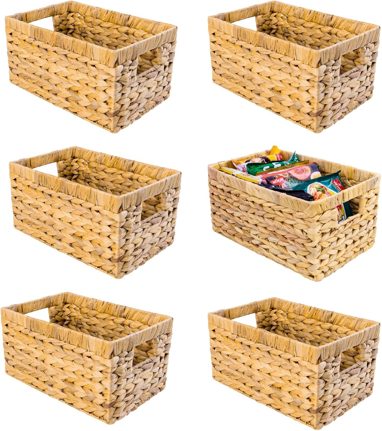 Set of 6 Wicker Storage Basket, Water Hyacinth Storage Baskets, Wicker Storage Baskets for Shelves, Wicker Baskets for Storage, Woven Baskets For Storage (6 Packs Medium)