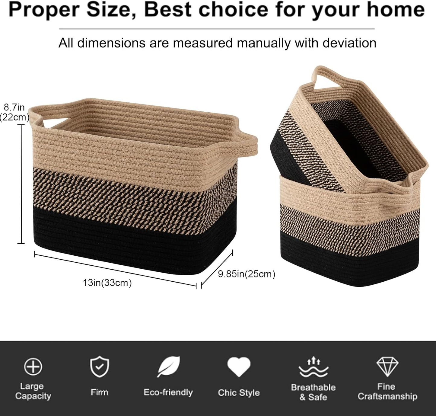 OIAHOMY Storage Basket, Woven Baskets for Storage, Cotton Rope Basket for toys,Towel Baskets for Bathroom - Pack of 3, Black & Brown