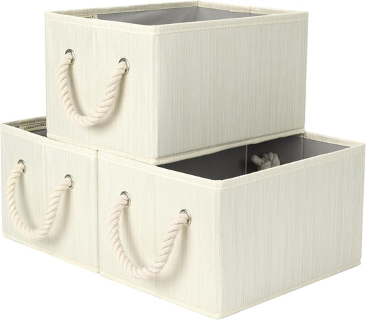 StorageWorks Storage Baskets for Shelves, Foldable Fabric Closet Storage Bins with Handles, Fabric Storage Bins Clothes Organizer, Beige, White & Ivory, 3-Pack, Small