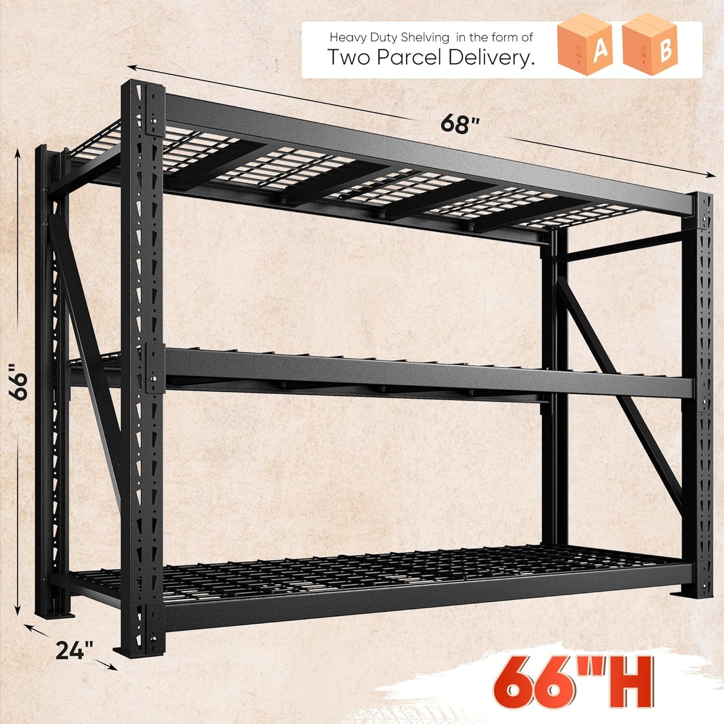 Bepatio 7050LBS Garage Shelving Heavy Duty 67.6W Storage Shelves Adjustable Metal Shelving 3 Tier Utility Shelf for Warehouse Basement Shop, Black 67.6''Wx23.7''Dx66''H