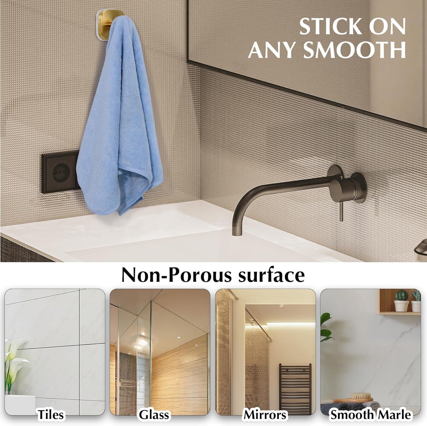 Suction Cup Hooks for Shower - Reusable No-Drill Mounting - Hooks for Towels, Robes & Loofah on Metal, Glass, Mirrors, Tile & Smooth Non-Porous Surfaces (4, Brushed Gold)