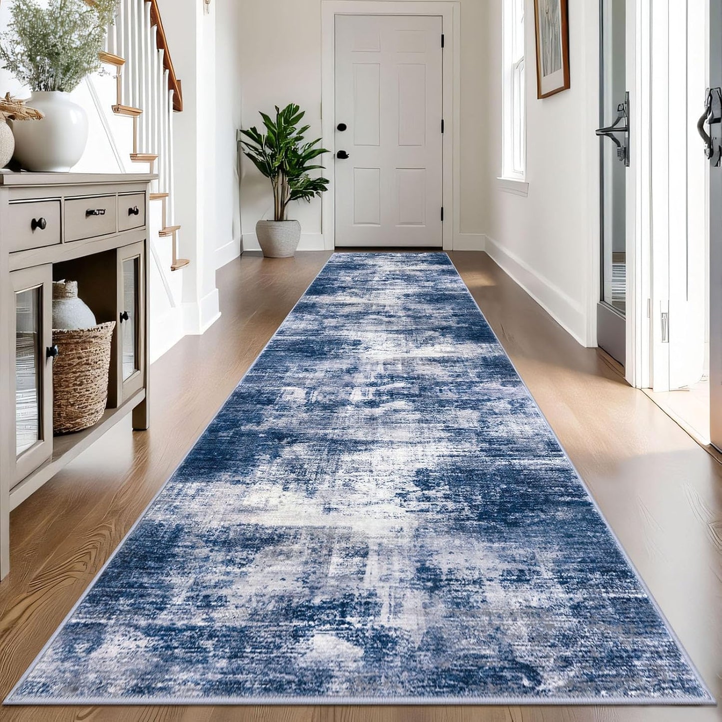 IOHOUZE Abstract Runner Rug 3x14 Ft Washable Runners for Hallways, Non Slip Kitchen Runner Printed Faux Wool Entryway Runner Indoor, Modern Abstract Floor Carpet for Hall Stair, Navy/Grey