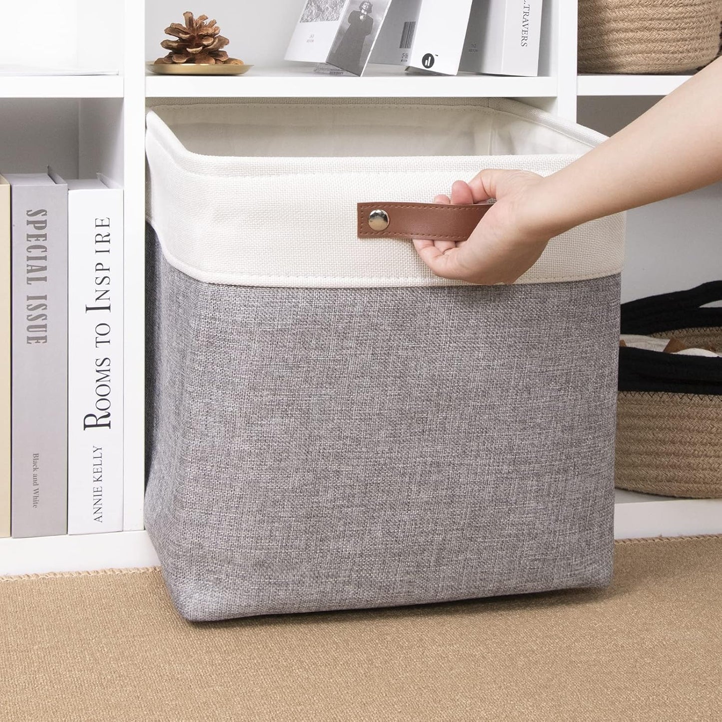 DULLEMELO Cube Basket for Storage, Collapsible Fabric Cube for Organizing, Storage Cube for Closet, Laundry, Nursery, Shelves, Decorative Basket for Gifts Empty (White&Gray)