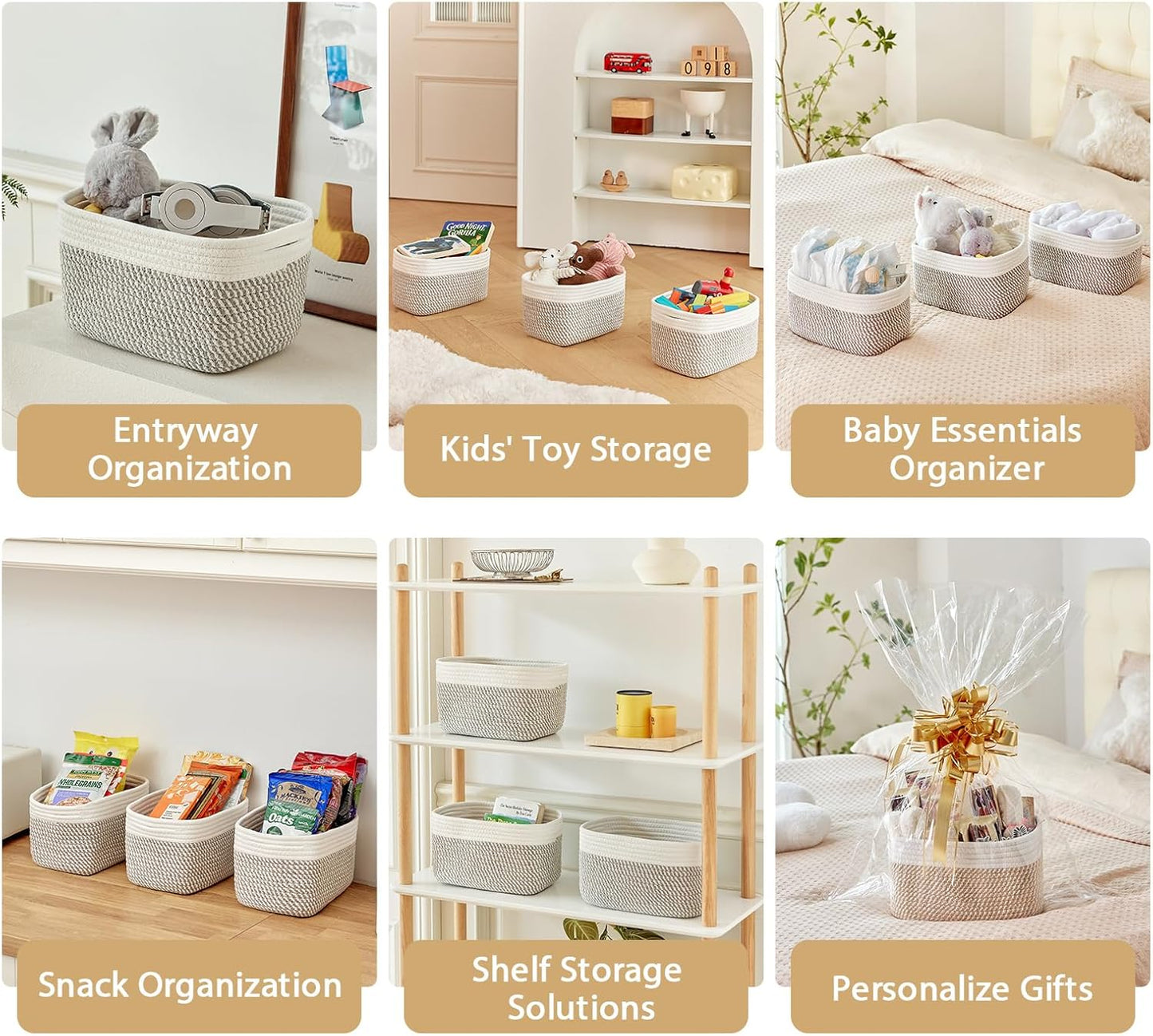 Small Cotton Rope Basket – Storage Bin for Organizing (10.6" x 6.7" x 6.7"), Bathroom Storage Basket for Shelf, Counter & Closet（White & Mixed Grey）