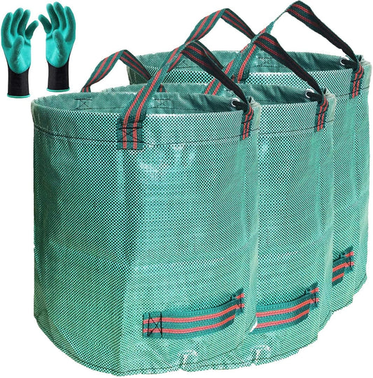 Standard 3-Pack 32 Gallons Yard Garden Bags (D18, H30 inches) with Gardening Gloves, Standable Reusable Leaf Bags,Plant Trimming Bag,Yard Waste Bags,Trash Container,Lawn Grass,Weeds Bag w/ 4 Handles