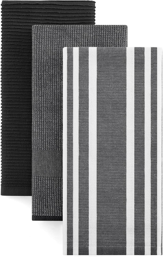 Homaxy Premium Kitchen Towels(18”x 28”, 3 Pack), Large Cotton 380 GSM Kitchen Hand Towels, Soft and Absorbent Terry Dish Towels, Multipurpose Tea Towel Set with Hanging Loop, Black