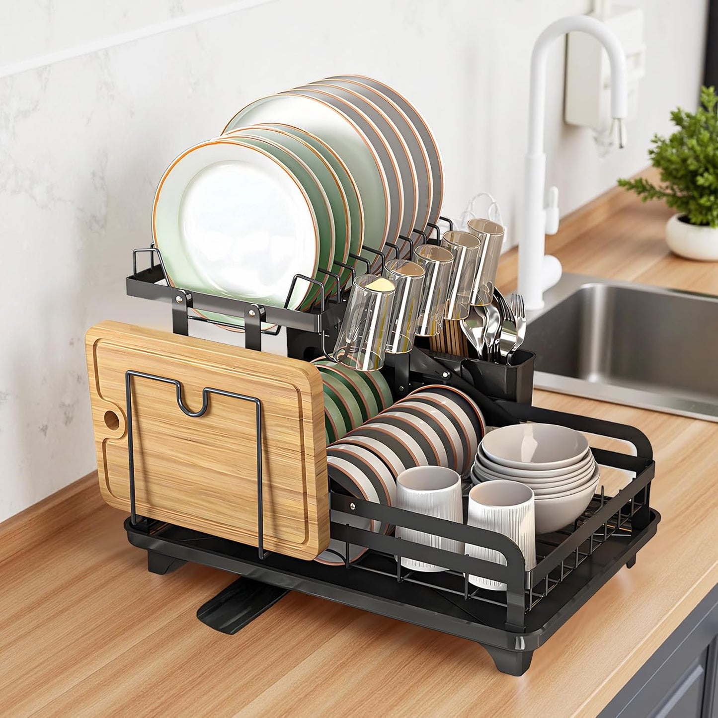 Dish Drying Rack Large 2 Tier Carbon Steel Dish Rack for Kitchen Counter,2-Tier Kitchen Organizers and Storage Rack with Drainboard and Cutlery Holder,Black, Folds Storage