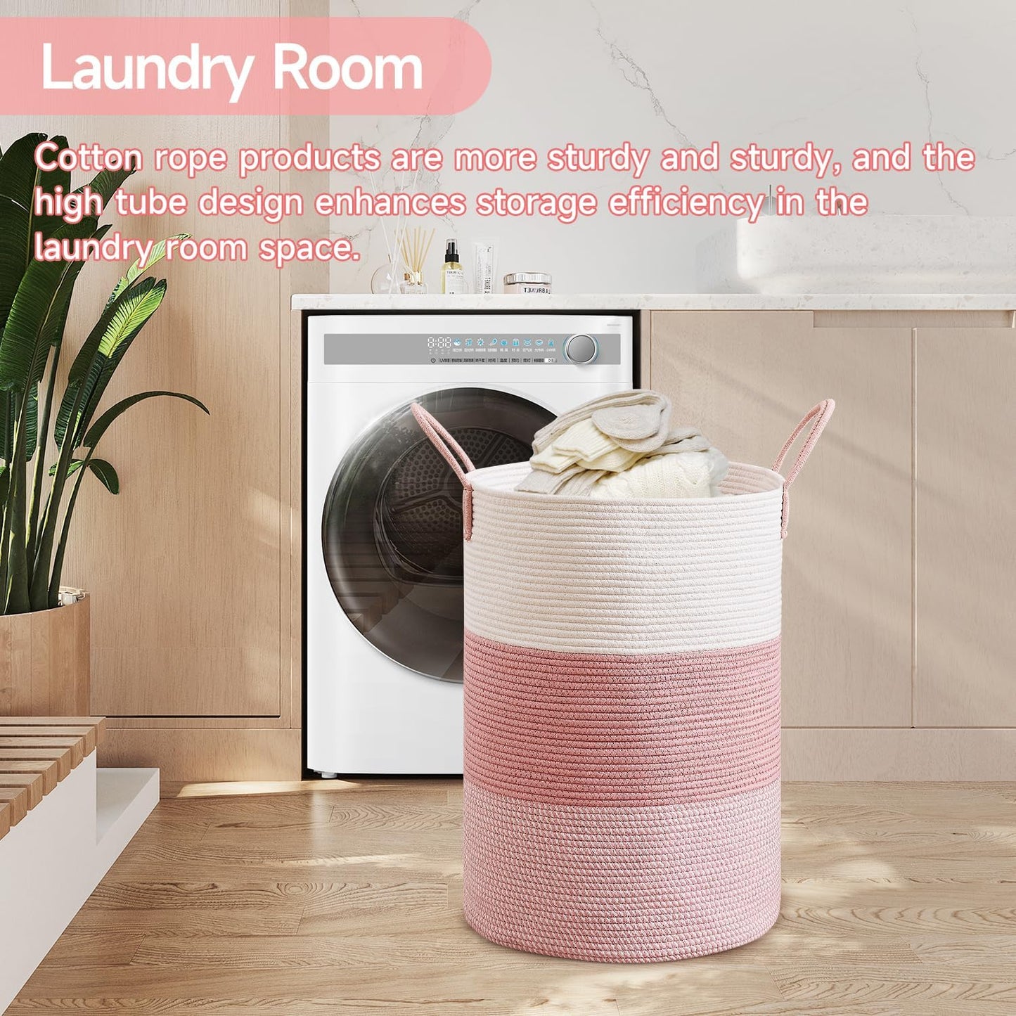 CLHMILY&Z 80L Laundry Basket Round Storage Rope Basket - 16.5x22.5 Inches - Pink Hamper in Bedreoom and Cute Storage Bin for Blankets, Toys, and Nursery Essentials